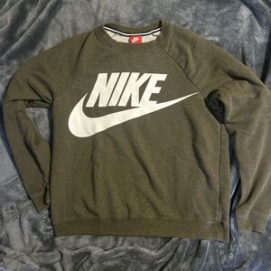 Nike Olive Green Crewneck Sweatshirt with White Swoosh Logo